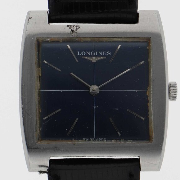 LONGINES Square 2 needles blue SS/leather MN - Picture 1 of 6
